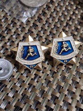 Vintage Athletic Service Badge Pair - Blue & Gold Enamel